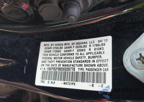 2013 Honda Civic Ex from USA, damaged, VIN 19XFB2F80DE035776
